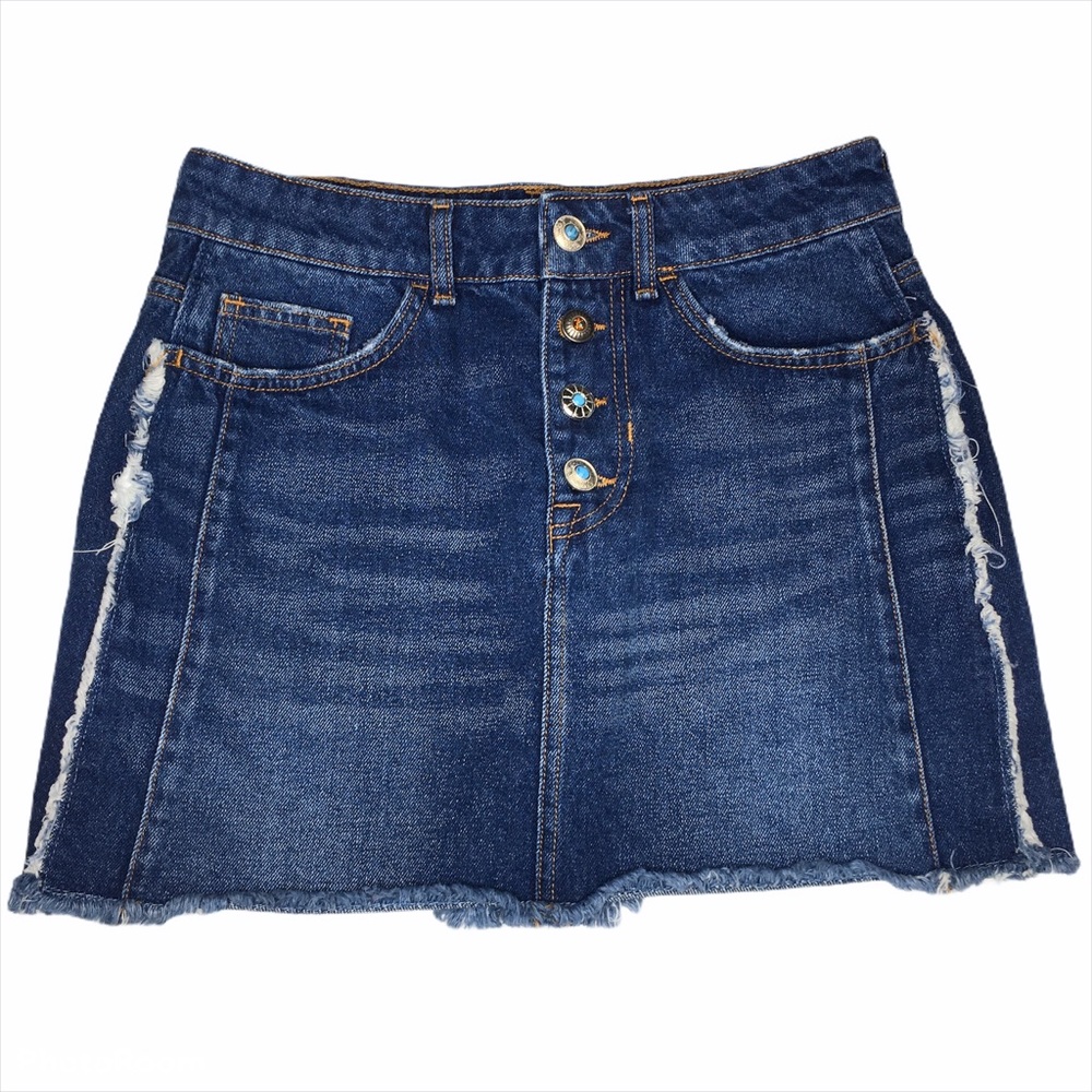 Zara Basic Boho Fringe Frayed Denim Skirt Size M